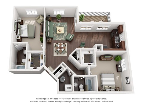 Floor plan for 2 beds, 2 baths, 1046 sqft